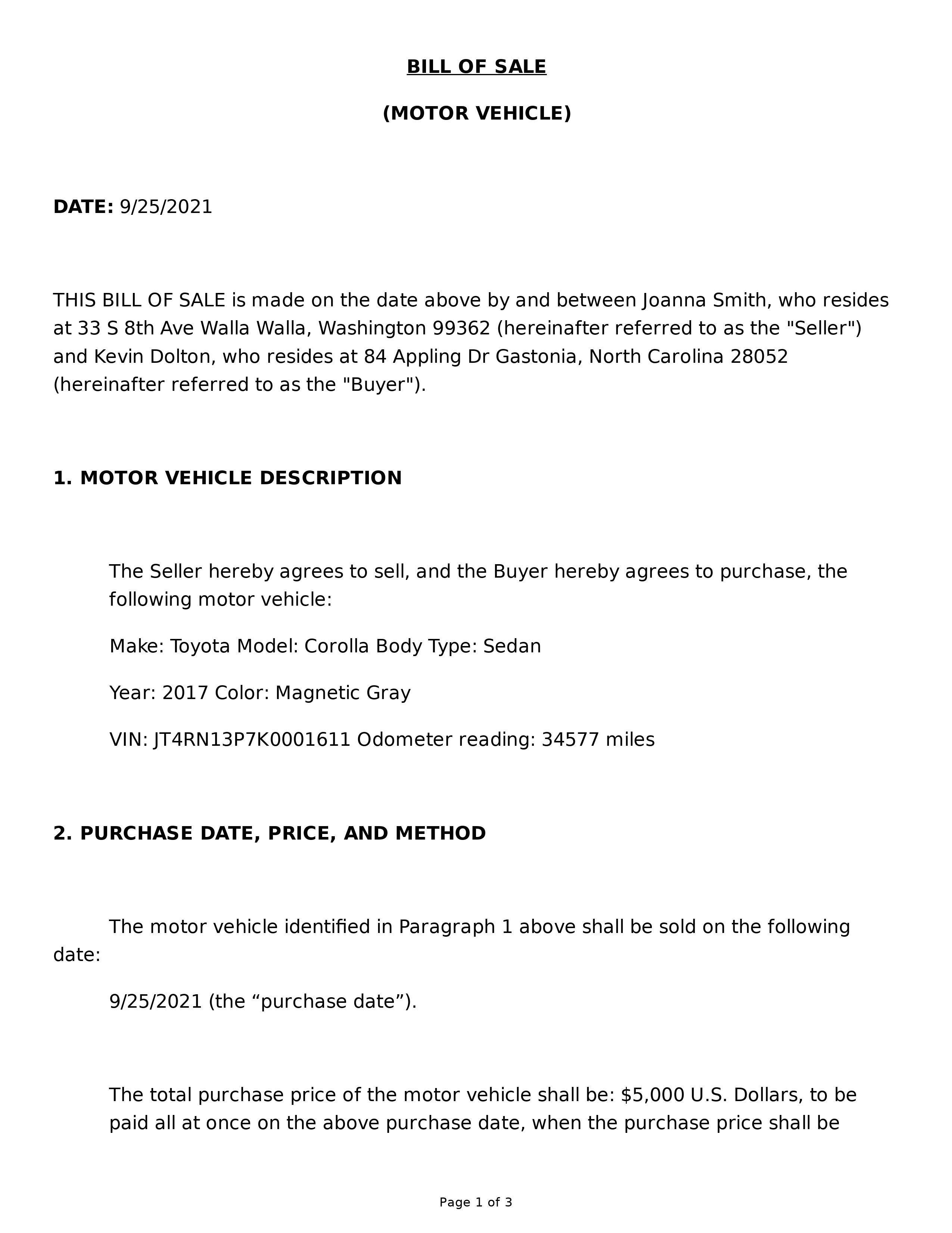 A filled out preview of the first page of a sample vehicle bill of sale form